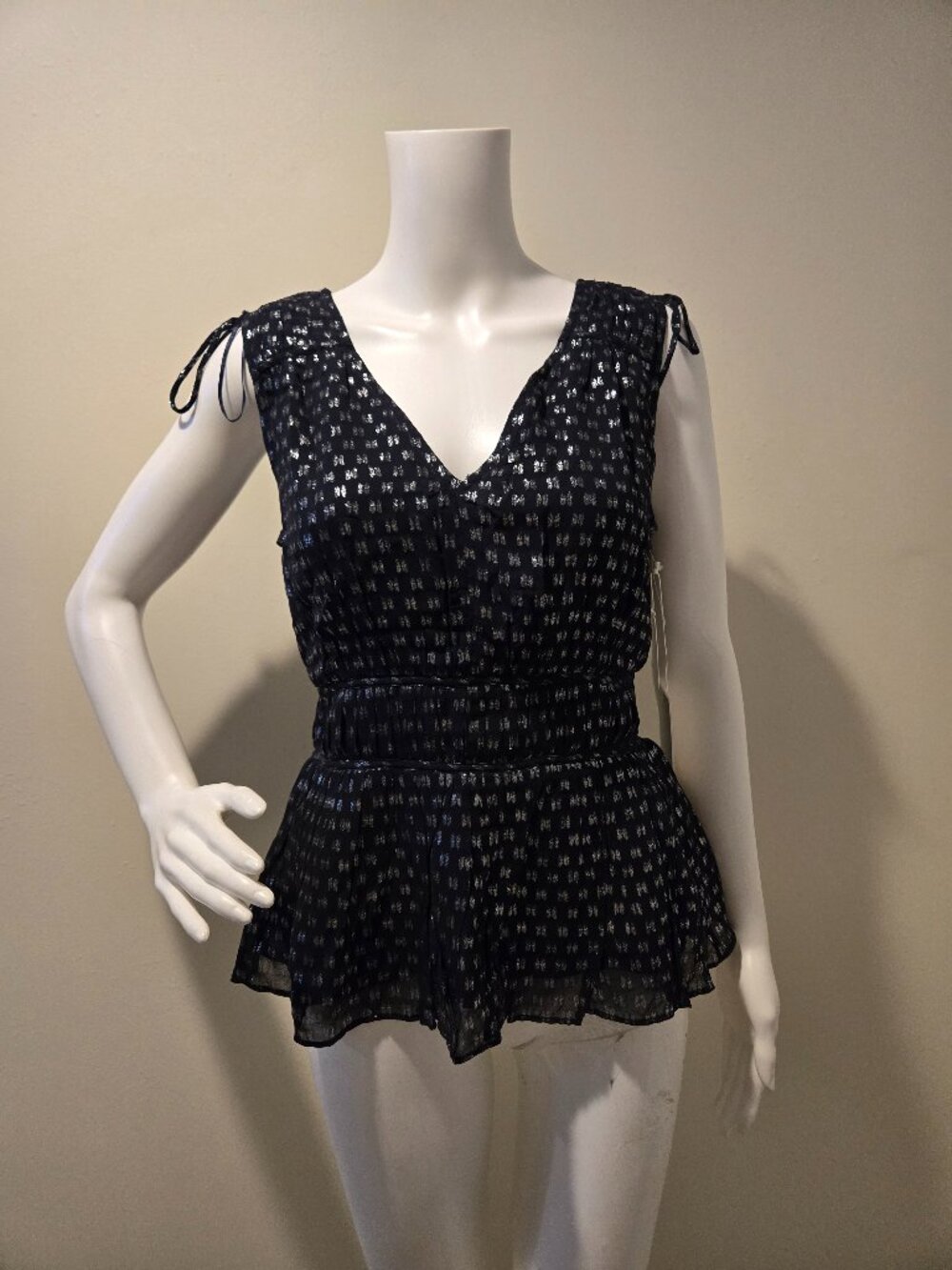 NWT Parker Fiona Tie Shoulder Smock Waist Sleeveless Shirt Blue Silver XS